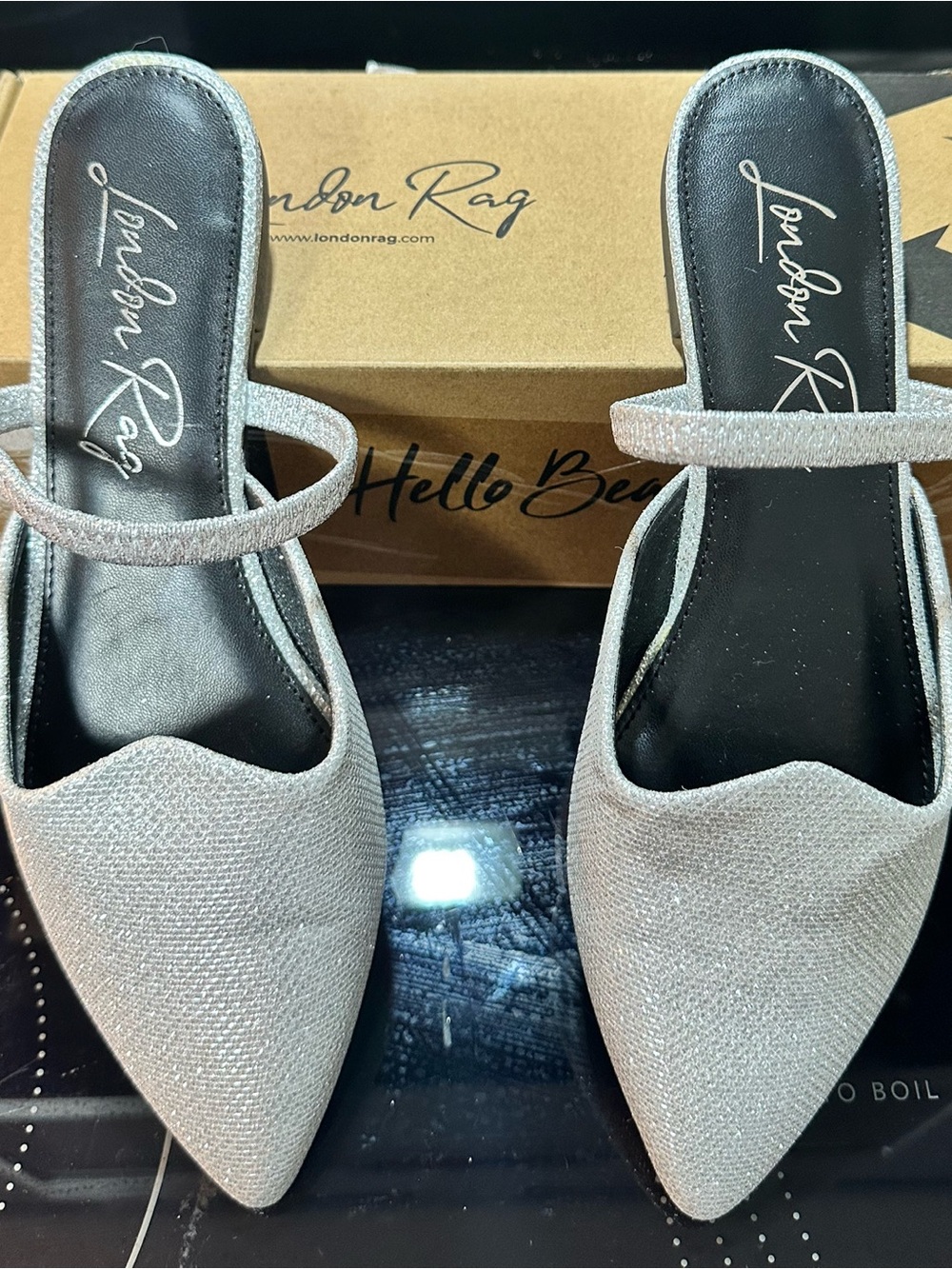 London Rag Silver Pointed Toe Mule with Strap. NIB